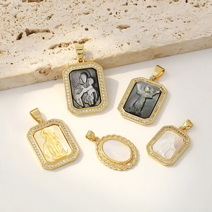 Religious Figure Pendant Necklace Gold Plated Copper Natural Mother Of Artificial Pearl Shell Carved Saint Vintage Jewelry