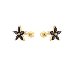 24K gold plated flower stud earrings featuring black marquise zirconia and screw backs