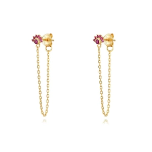 Detail of 925 sterling silver gold plated chain earrings with red crystal fan studs