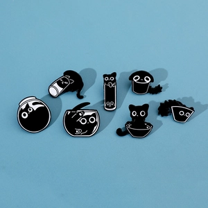 Detailed set of 8 cute black enamel pins featuring cats in bottles on blue background