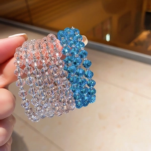 Elegant triple-layered beaded crystal bracelets in clear white, pink and sky blue colors