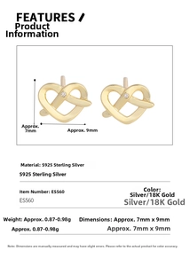 Detailed view of S925 sterling silver heart knot stud earrings with product dimensions
