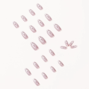 White flame heart pattern on almond shaped mauve press-on nails set with 24 pieces