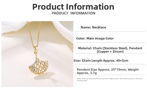 Detailed specs of gold ginkgo leaf pendant necklace with zircon inlay and dimensions