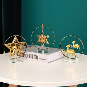 Golden Christmas tree and elk metal ornaments with crystal base for home table decor