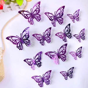 Detail view of 3D purple hollow butterfly wall stickers with realistic gradient wings