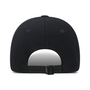 Rear view of black cotton baseball cap showing adjustable metal buckle and ventilation eyelets