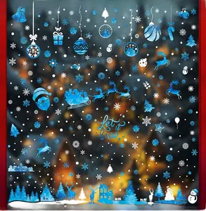 Blue Christmas window stickers featuring Santa, reindeer and Let it Snow artistic text