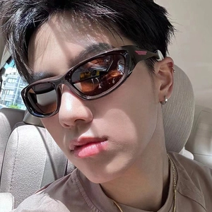 Y2K sporty wrap-around sunglasses with brown frames and pink logo wing for unisex