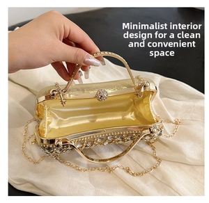 Detail of evening bag interior showing satin lining and detachable gold chain strap