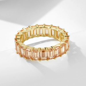 Hiphop eternity band ring in gold with rectangular champagne cubic zirconia stones