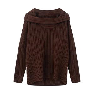Women's loose dark brown knit sweater with off-the-shoulder neckline and ribbed texture
