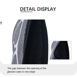 Detail view of the gray felt eyewear case showing zipper texture and premium material