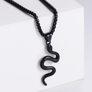 Gothic black cobra snake pendant necklace in matte stainless steel with box chain