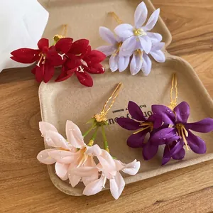 Elegant Chinese fabric flower U-shaped hair pins with realistic dew drops in four colors