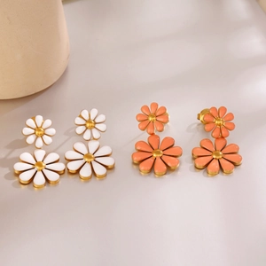 Ins style double-layered daisy drop earrings in white and orange enamel flower design