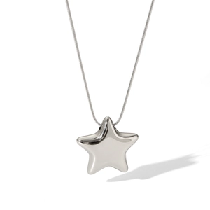Vertical view of a silver 3D star pendant with a sleek snake chain on a white background