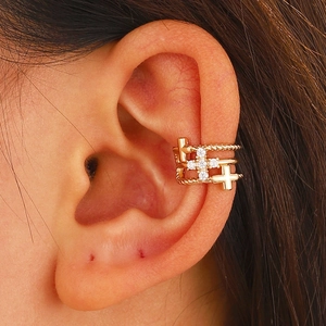 Gold multi-layer ear cuff with crystal cross design for non-pierced ears for women