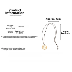 Detailed size specifications of a gold spiral pendant necklace with a black leather cord