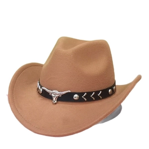 Brown wool felt cowboy hat with silver bull head emblem and studded black leather band