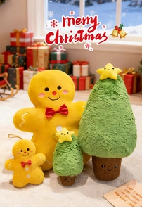 Close-up of plush gingerbread man and fluffy Christmas tree toys in festive home setting