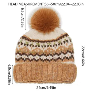 Size guide for Fair Isle knit beanie showing head circumference and hat dimensions