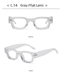 Detailed front and side view of transparent square frame sunglasses with grey flat lenses