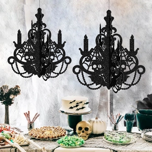 Hanging black glitter Halloween chandeliers with skull and cobweb motifs for party decor