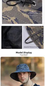 Dettaglio cappello mimetico blu con fodera a rete e cordino regolabile per outdoor