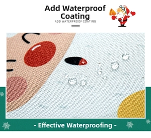 Macro shot of waterproof polyester Christmas tablecloth showing water droplets on fabric
