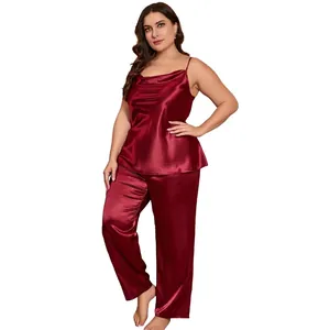 Women's plus size silk satin pajama set with deep red camisole and long trousers