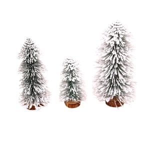 Three snowy cedar pine trees with wooden bases for Christmas tabletop window decor