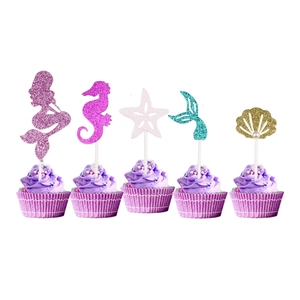Set of five glittery mermaid party cupcake toppers including seashells and seahorses