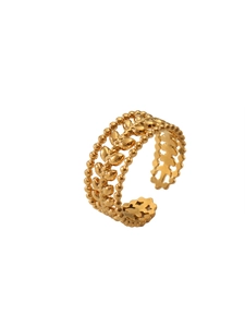 Macro detail of retro 18k gold plated open ring with hollow leaf and bead patterns