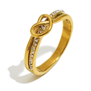 18K gold plated stainless steel knot ring with clear cubic zirconia in a dual-band design
