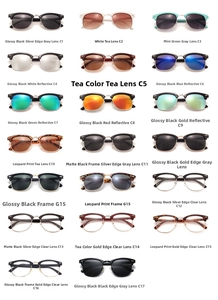 Detailed catalog of retro semi-rimless sunglasses in various frame colors and lens types