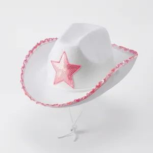 White cowboy hat with pink sequin star and adjustable chin strap on a white background