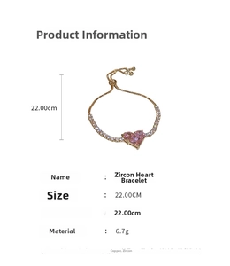 Macro view of adjustable pink zircon heart bracelet with specifications and rose gold chain