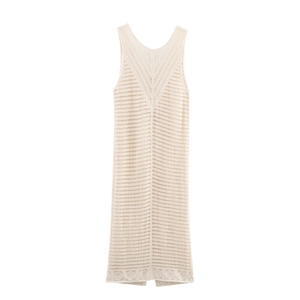 Beige crochet hollow knit maxi dress for women in sleeveless bohemian beach style