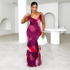 Sexy purple and pink gradient tie-dye maxi dress with thin straps and ruffled hem