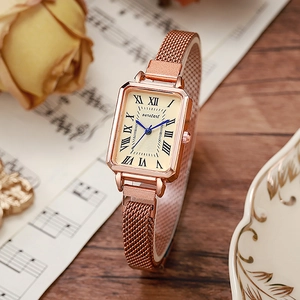 Vintage rose gold square quartz watch for women with an elegant mesh strap and Roman numerals