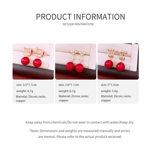 Detail specifications of 18K gold plated zircon and red resin drop earrings for women