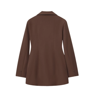 Vue arrière d'une robe blazer marron foncé à manches longues avec taille cintrée et boutons