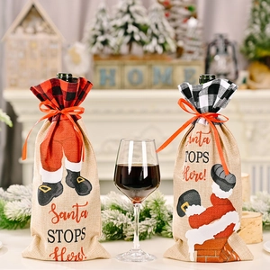 Christmas Wine Bottle Covers Burlap Linen Plaid Santa Claus Pattern Holiday Party Dining Table Decor Gifts Wrapping