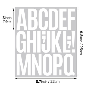 Detailed dimension guide showing 3-inch white vinyl letters A-Q on a 25x22cm sticker sheet
