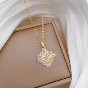 Luxurious gold titanium necklace with pearl encrusted square cross pendant for women