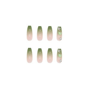 Green aurora gradient press-on nails with 3D heart rhinestones and long coffin shape