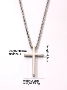 Polished silver stainless steel cross pendant necklace with dimension labels and twist chain