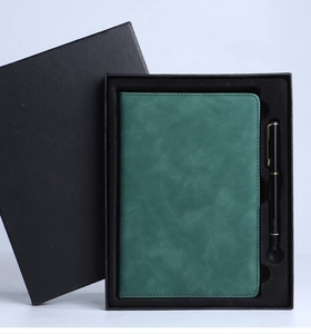 Executive office set featuring dark green PU leather notebook and pen in black gift box