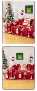 Detailed view of red Christmas sofa throw with white tree patterns and festive holiday decor